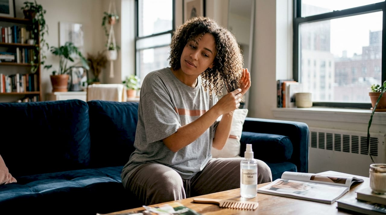 Woman moisturizing curls in sunlit living room