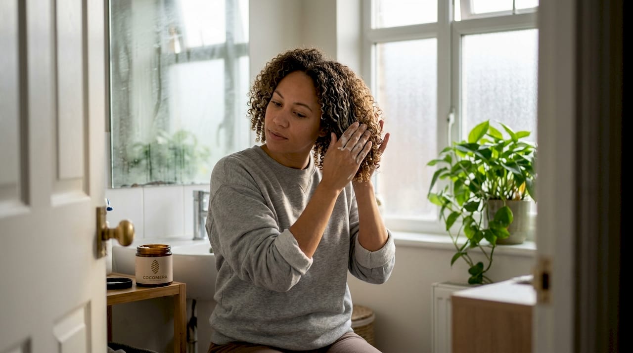 Woman applying deep conditioner in casual bathroom