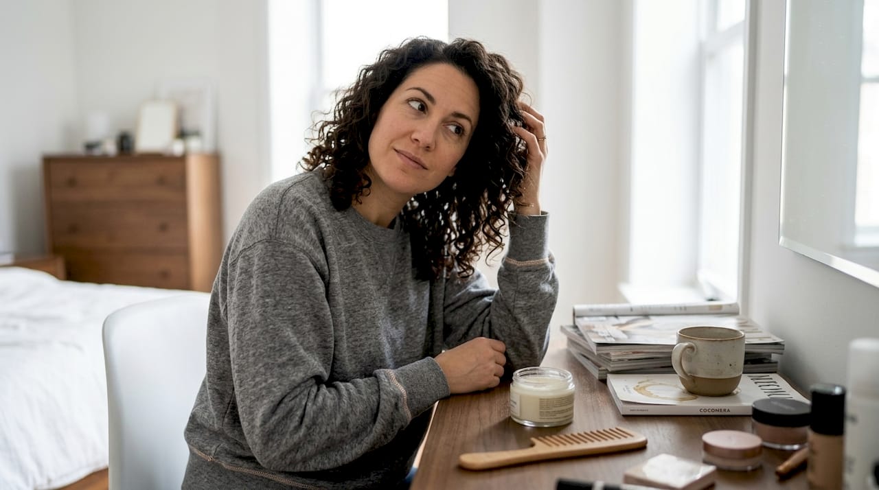 Woman examining curly hair at vanity