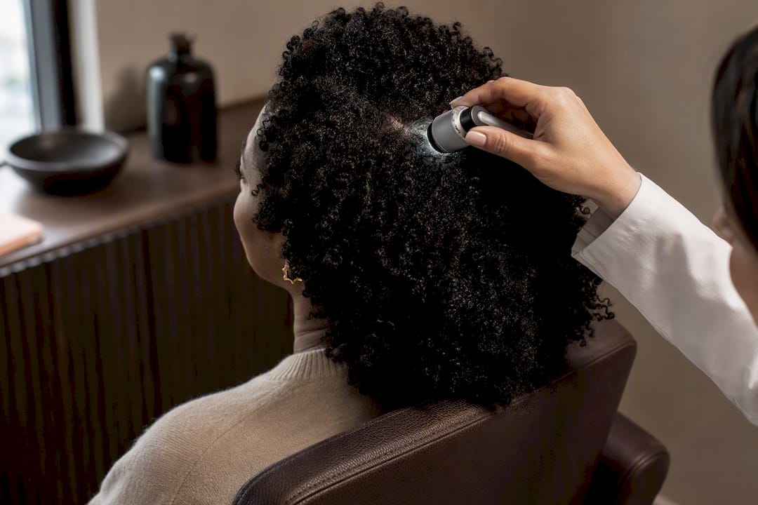 Dermatologist examining an Afro-textured scalp