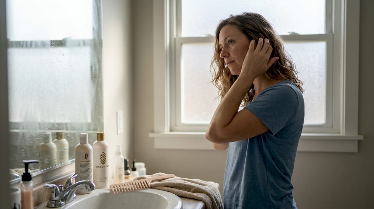 Woman examining wavy hair in home bathroom