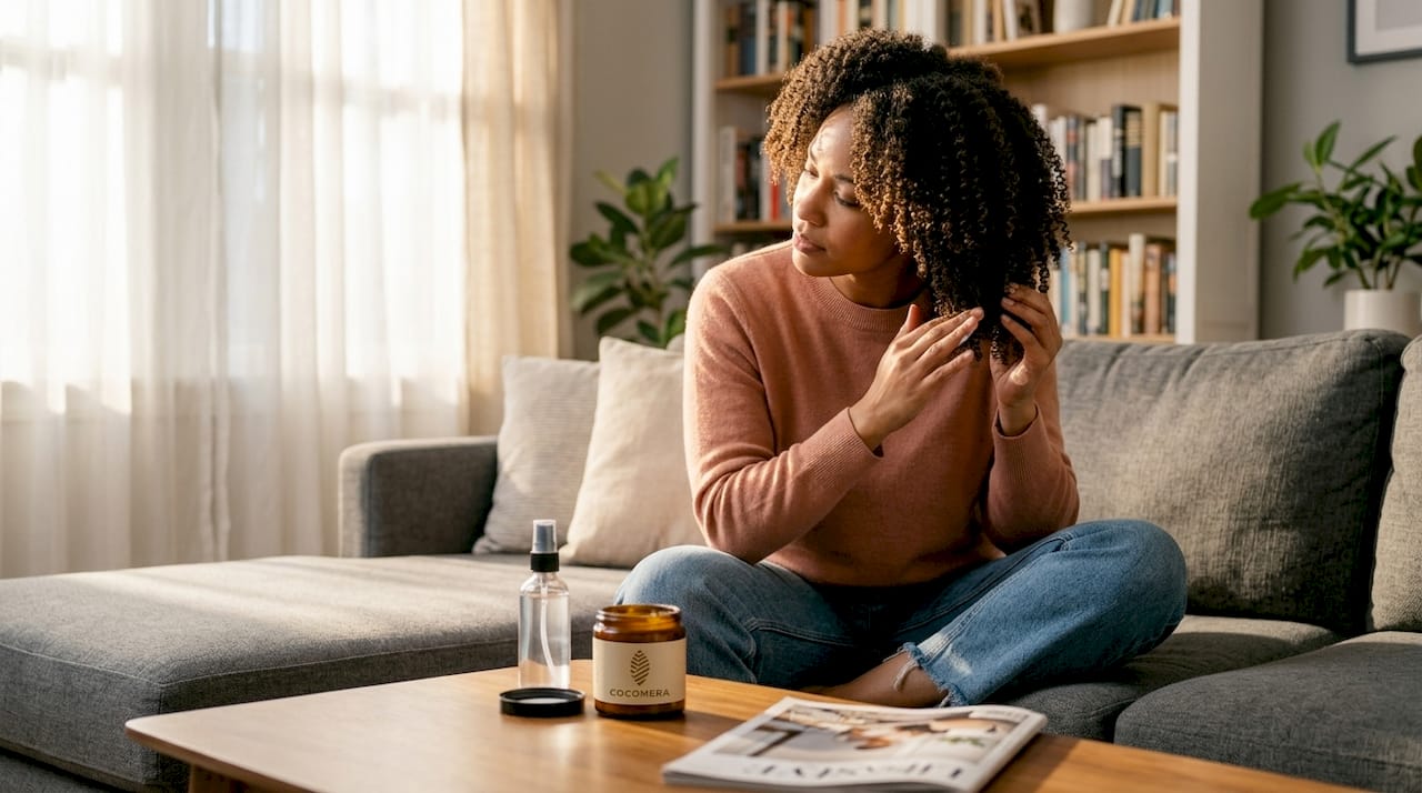 Woman applies moisturizer to natural curls