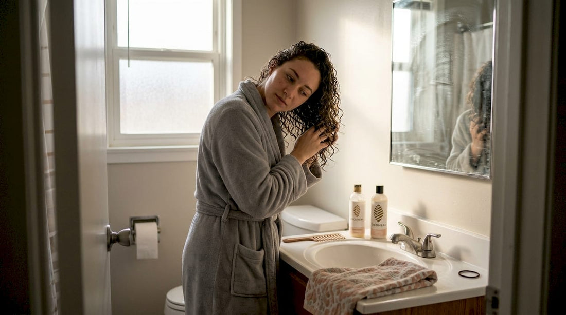 Woman applying curly hair product in bathroom