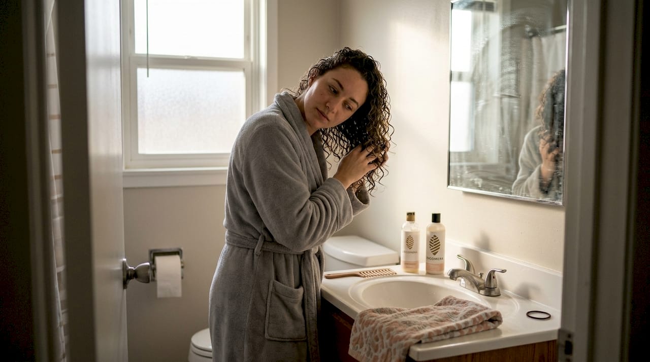 Woman applying curly hair product in bathroom