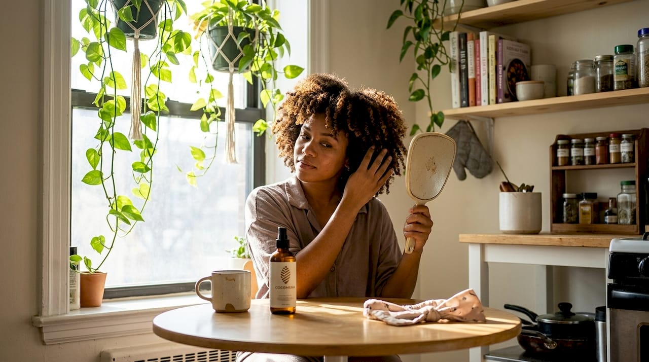 Woman caring for coily hair at kitchen table