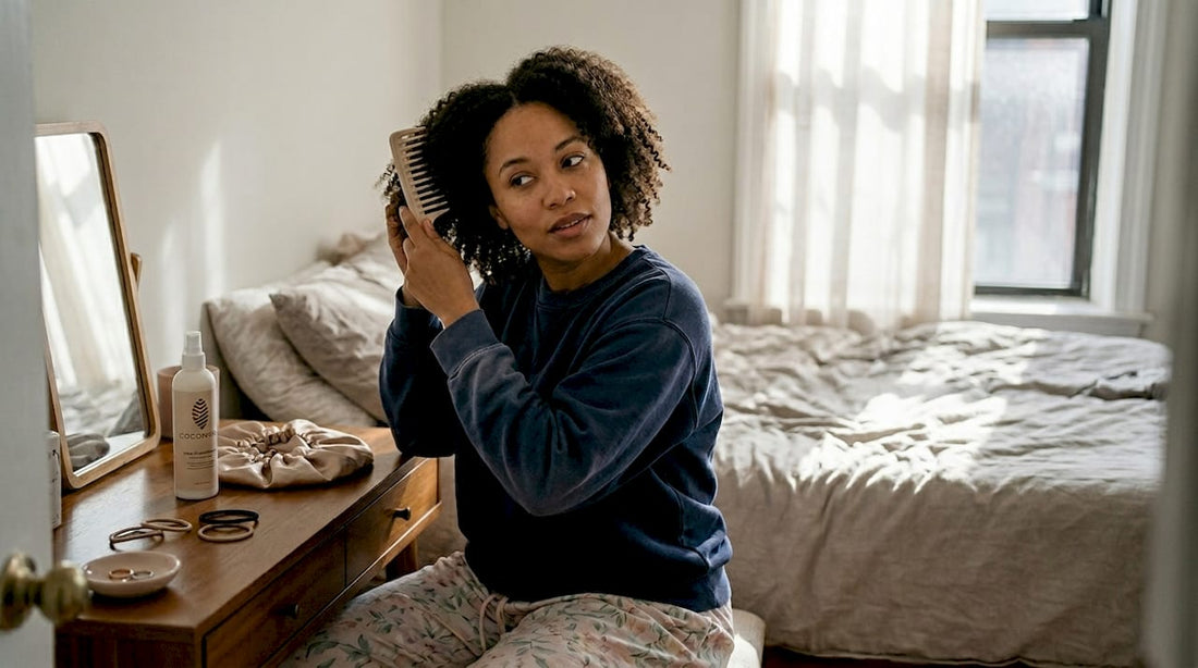 Woman detangling coily hair at vanity