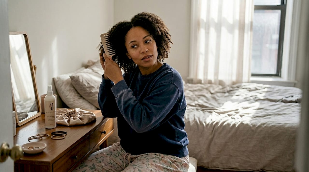 Woman detangling coily hair at vanity