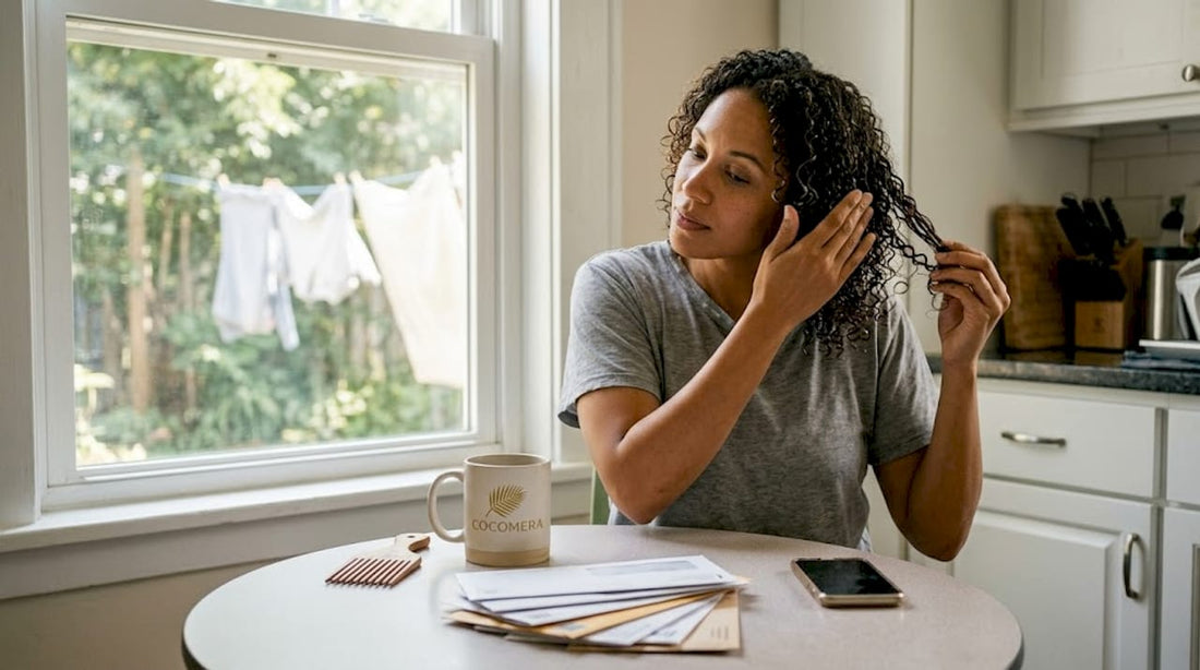Woman moisturizing natural curls in home kitchen