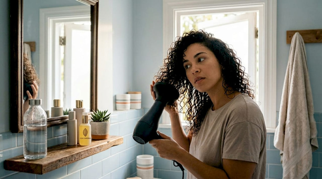 Woman diffusing curly hair in bathroom mirror