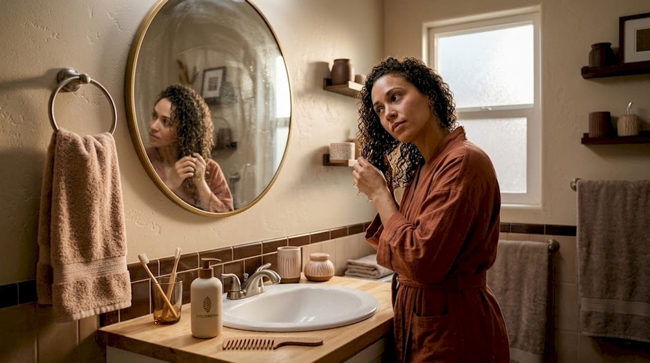 Woman caring for curly hair at home