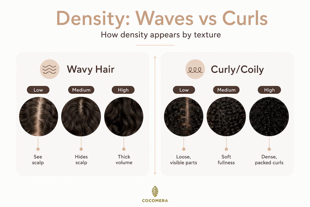 Woman examines curly hair in natural bathroom