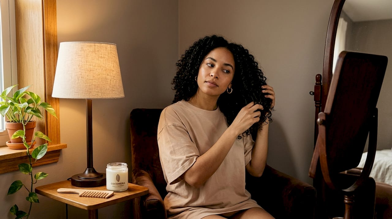 Woman applying conditioner to transitioning hair at home