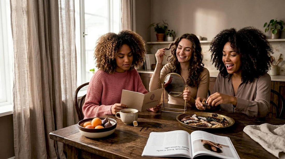 Three women with different curly hair types at kitchen table
