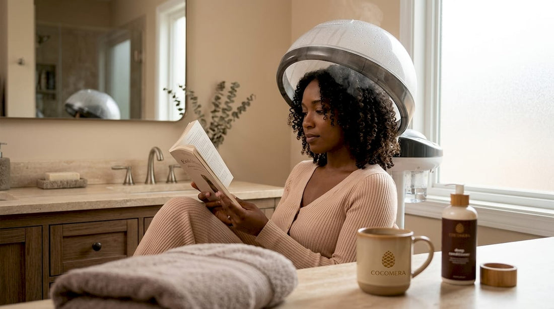 Woman steaming natural hair in sunlit kitchen