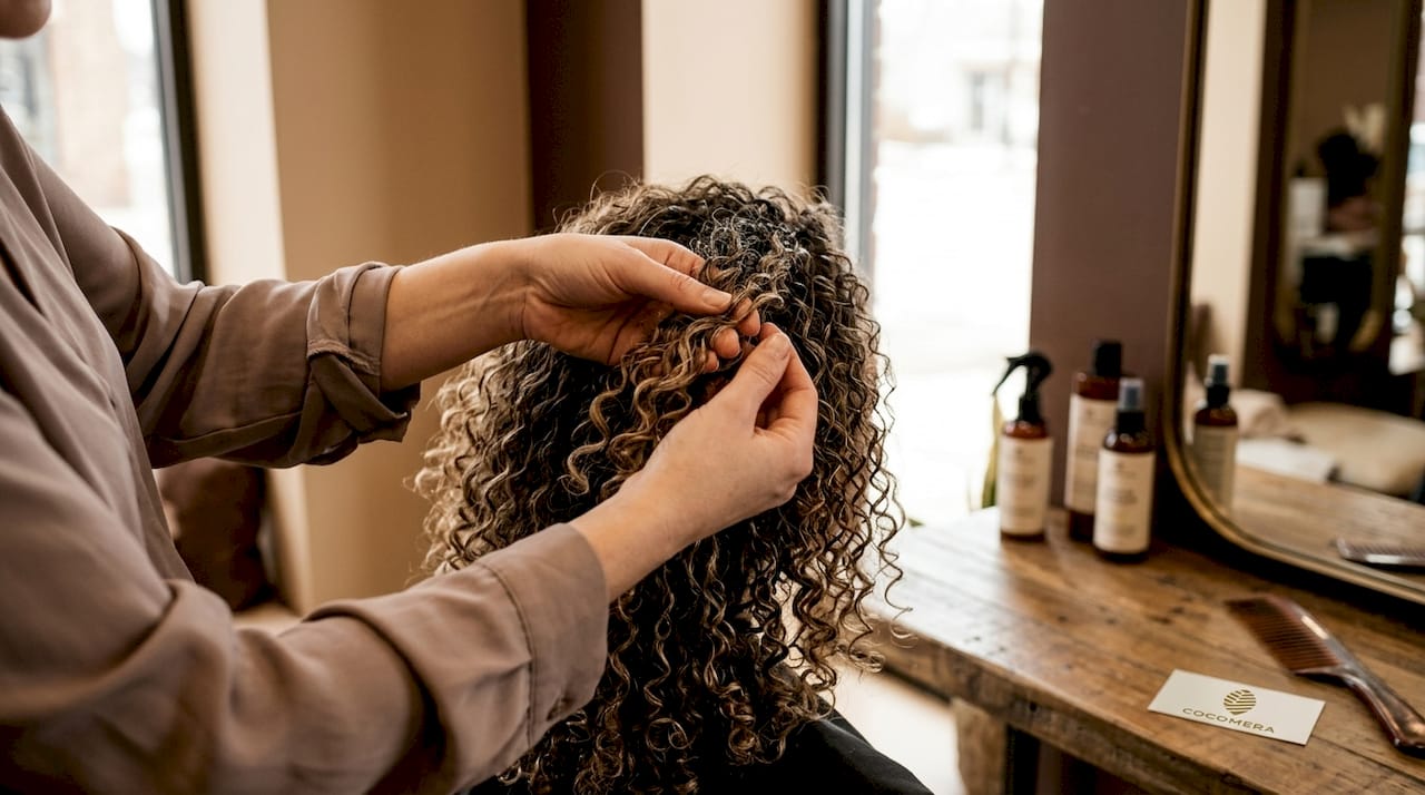 Hairstylist examining curly textured hair strands