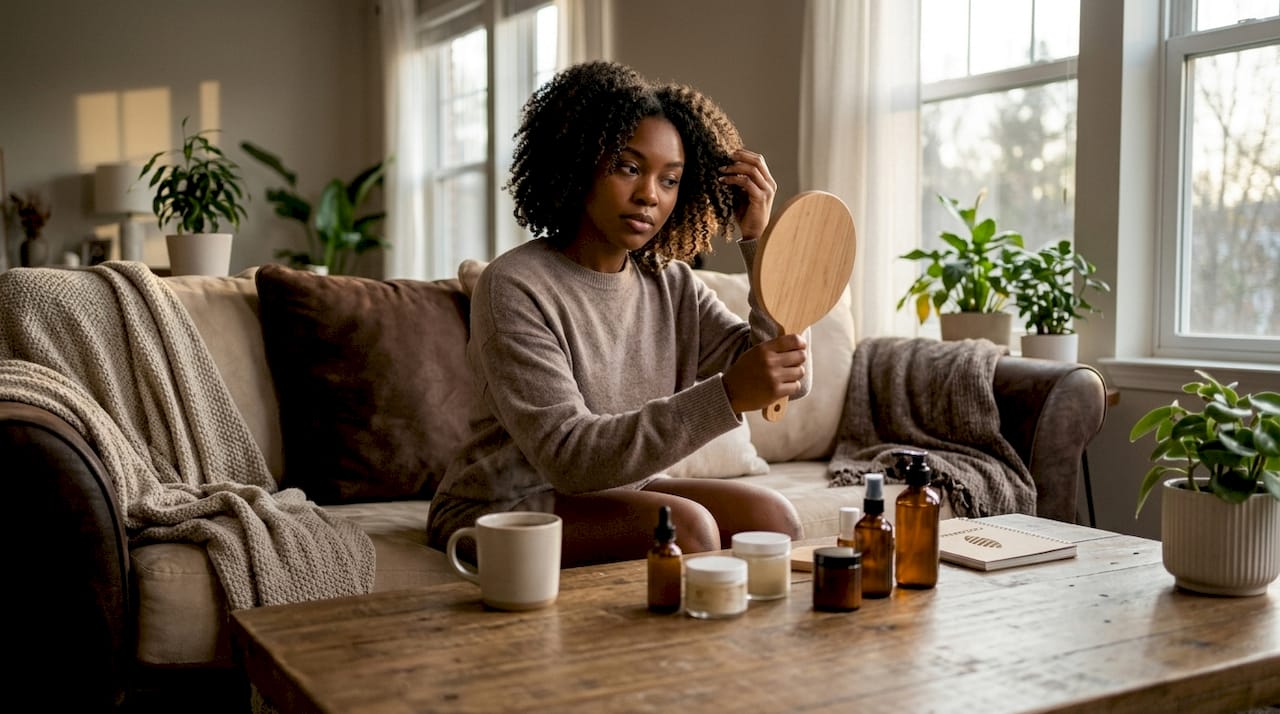 Woman inspecting her textured hair in bathroom mirror