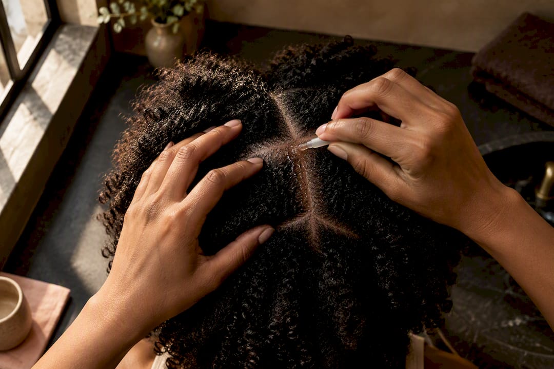 Applying scalp exfoliant to coily hair