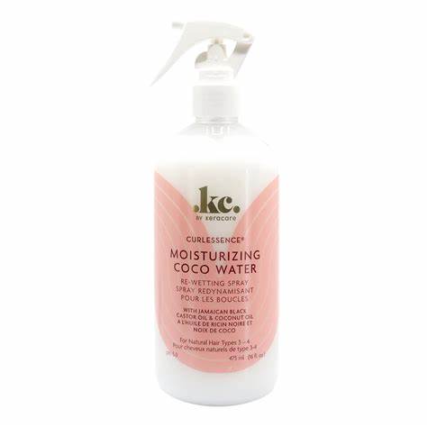 A spray bottle of KC by Keracare Curlessence Coco Water, 475ml, designed for natural hair types 3-4 with Jamaican Black Castor Oil & Coconut Oil to add moisture.