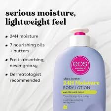 A bottle of EOS Skin Butter 24H Moisture Body Lotion shown against a white marble background with promotional text on the left.